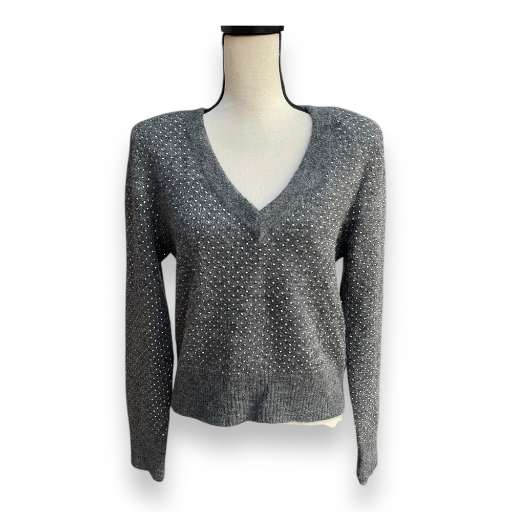 Veronica Beard Pablah Gray Studded Alpaca Wool Blend V-Neck Sweater Small